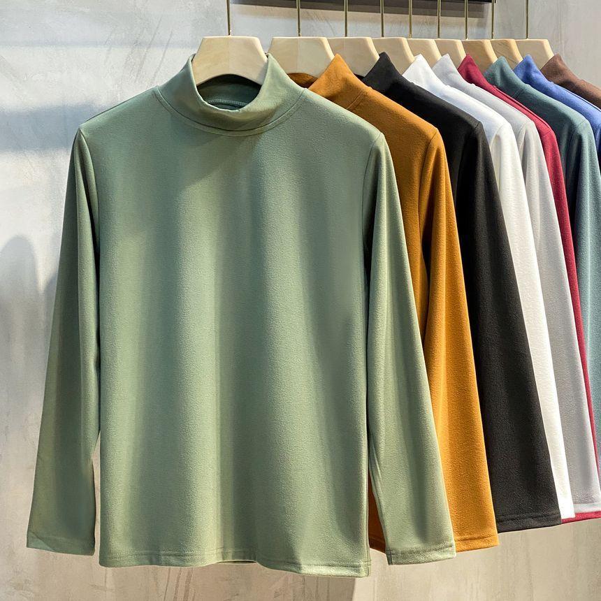 Semi High-Neck Plain Long-Sleeve T-Shirt Product Image