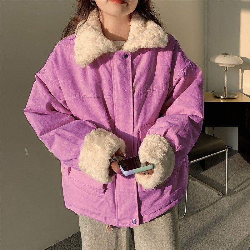 Plain Fluffy Trim Pocket Detail Zip Jacket Product Image