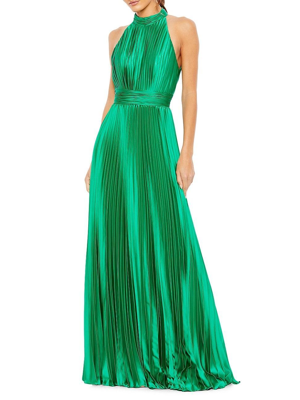 Womens Pleated Satin Halter Gown Product Image