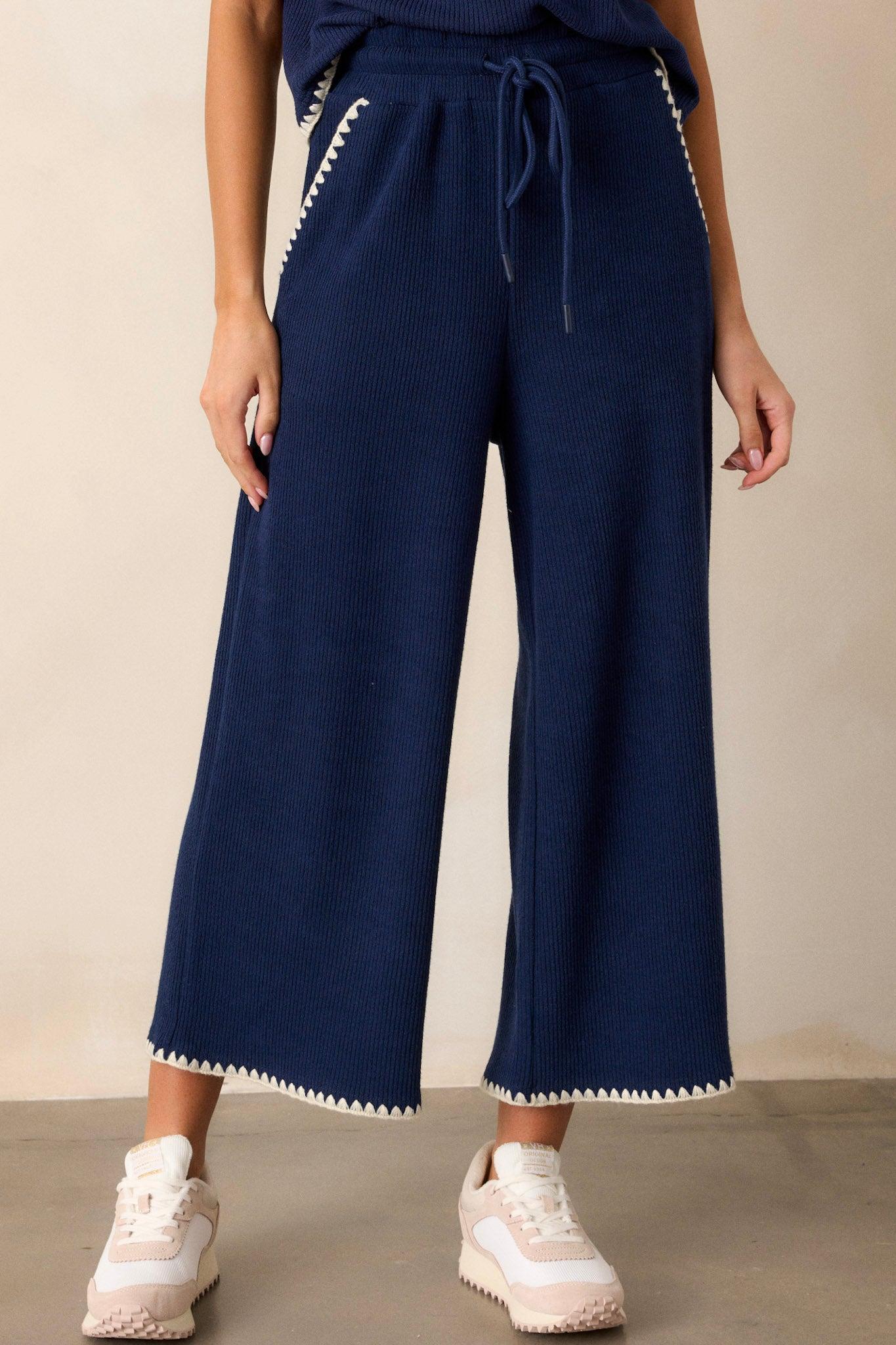 Anytime Now Navy Blanket Stitch Wide Leg Pants Product Image