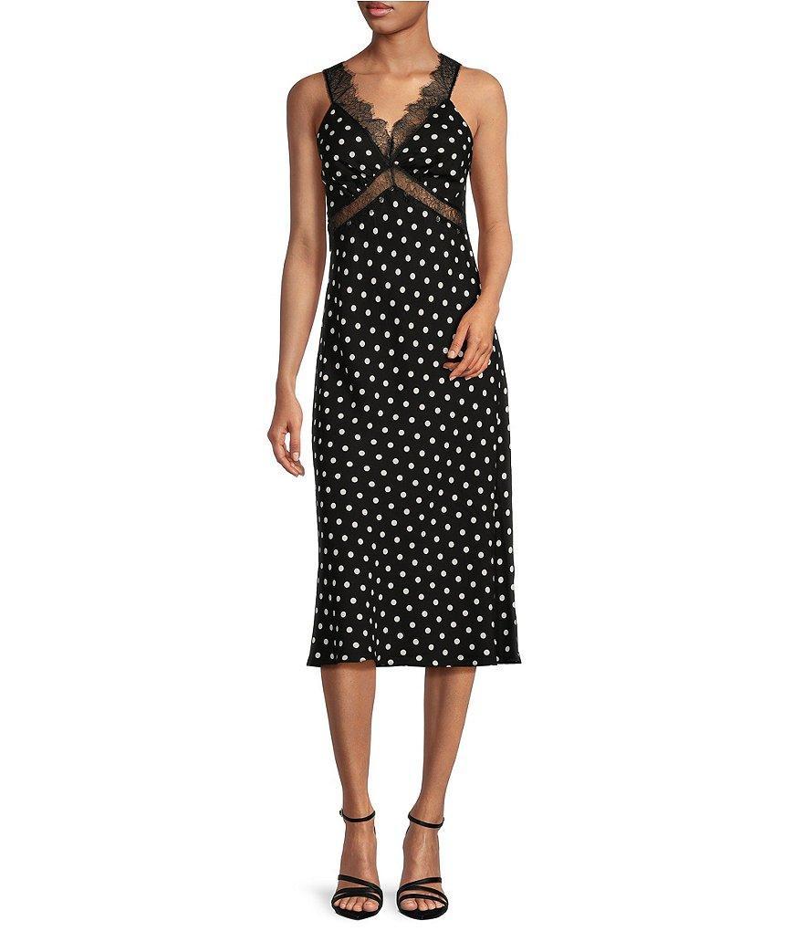 Lucy Paris Kennedy Polka Dot Lace V Neck Sleeveless Midi Dress Product Image