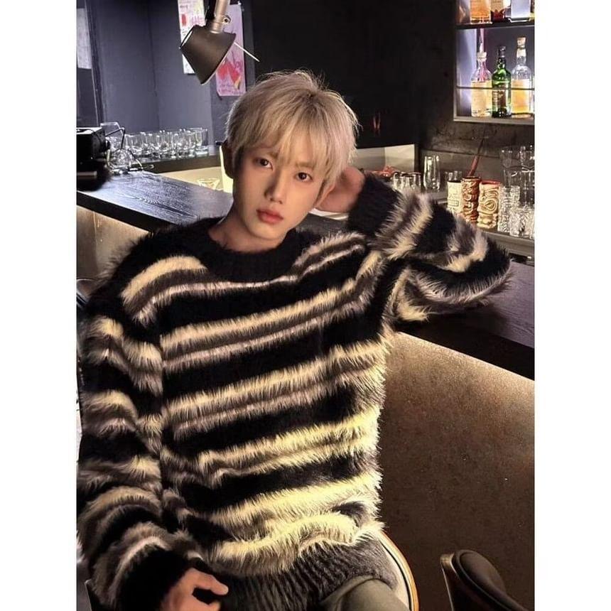 Round Neck Striped Oversized Fluffy Sweater Product Image