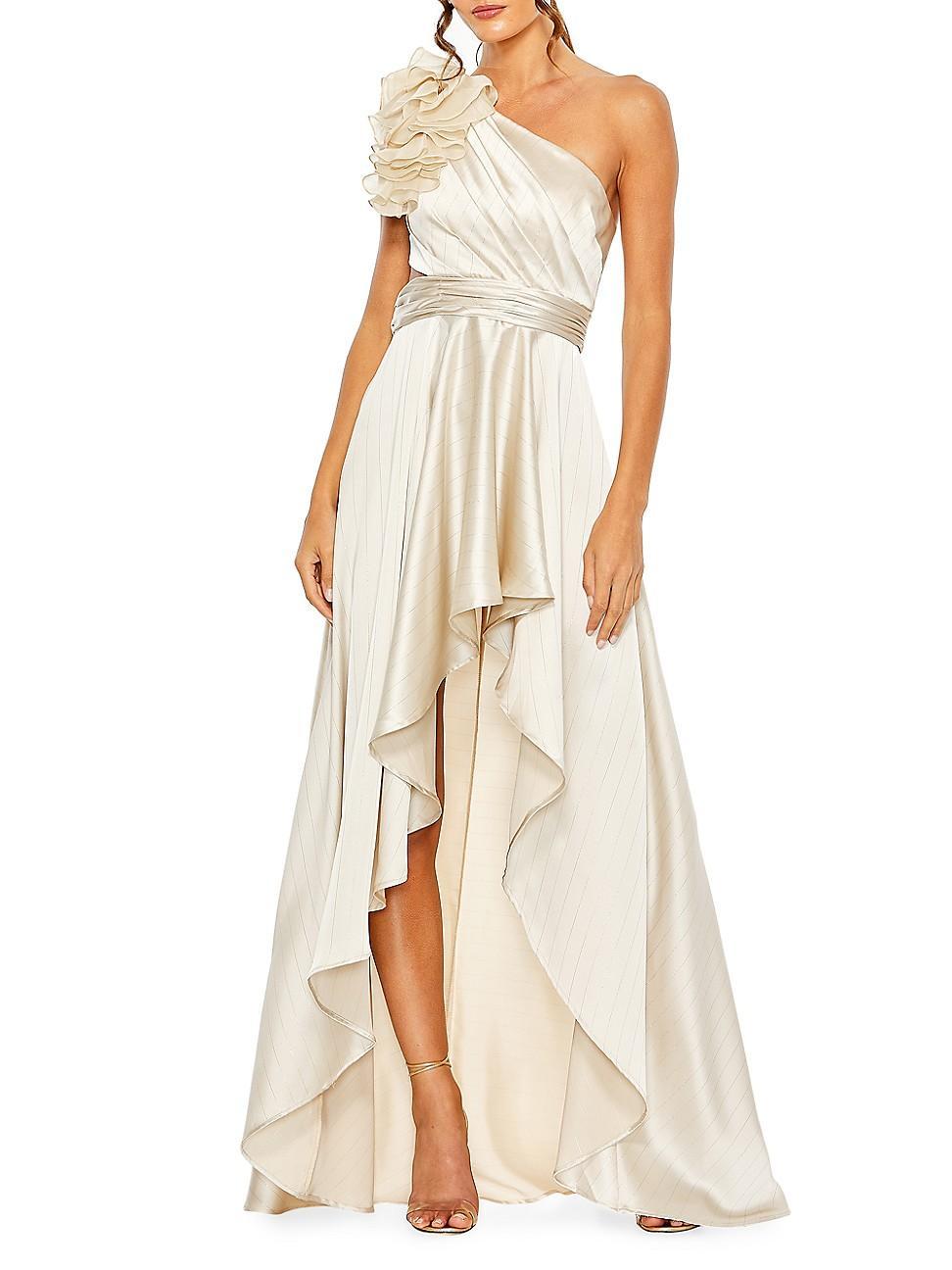 Womens Asymmetric Ruffled Satin High-Low Gown Product Image