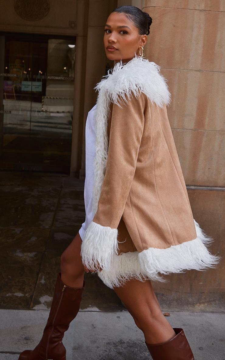 Camel Faux Fur Trim Faux Suede Coat Product Image