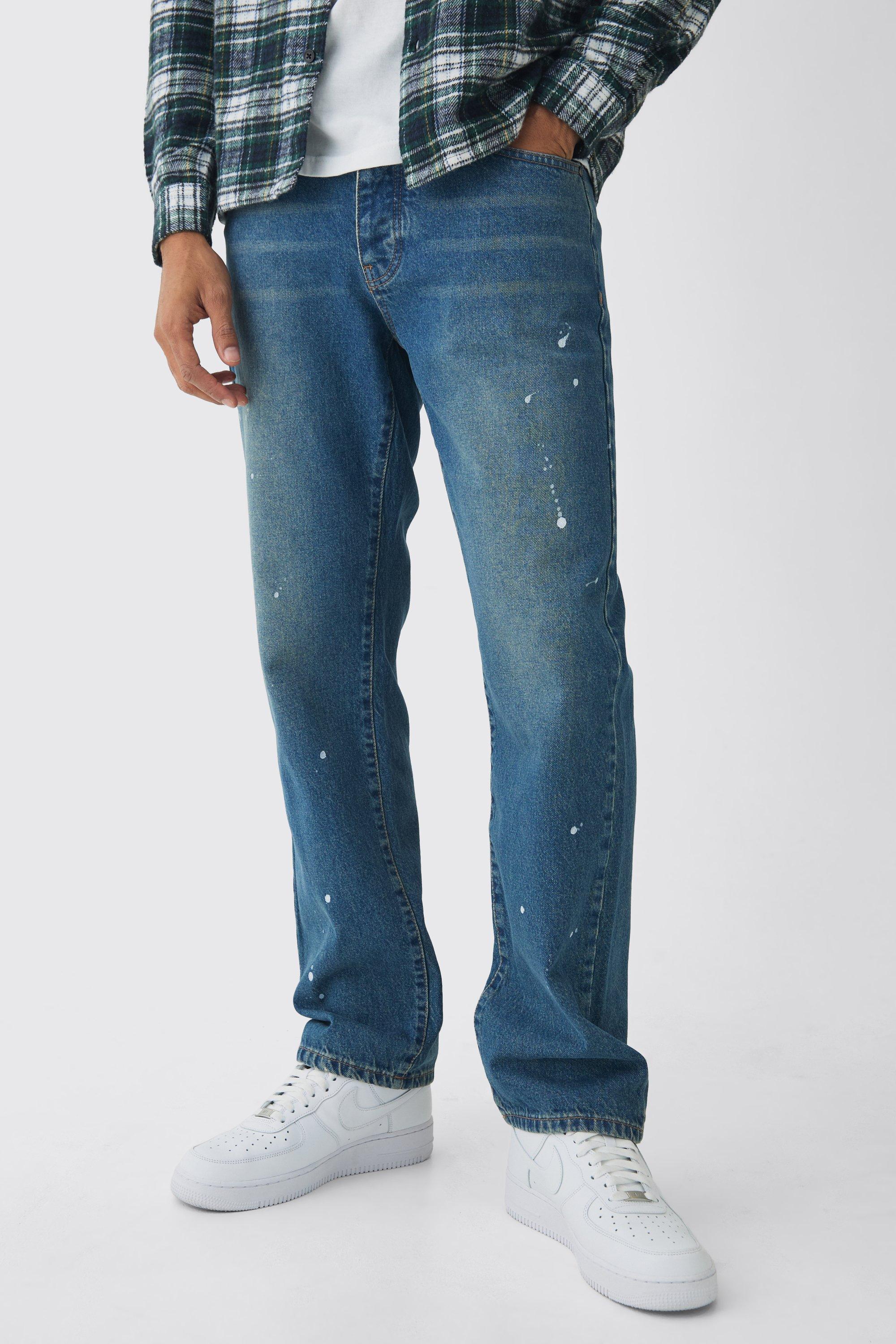 Straight Leg Paint Splatter Jeans With Tonal Embroidery | boohooMAN USA Product Image