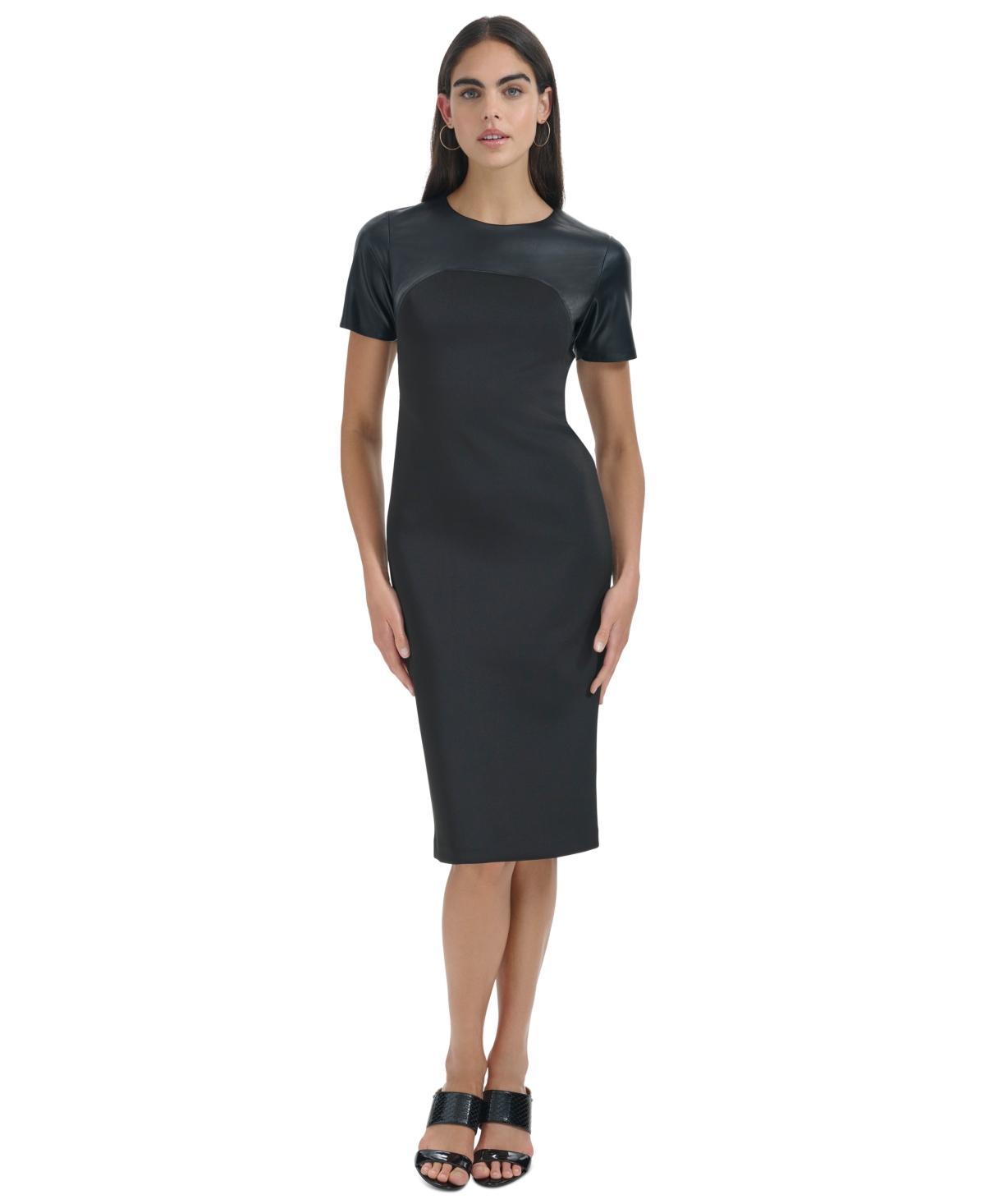 Calvin Klein Womens Faux-Leather-Trim Sheath Dress Product Image