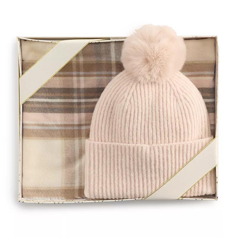 Womens Nine West Classic Plaid Scarf & Solid Pompom Beanie Boxed Set Product Image