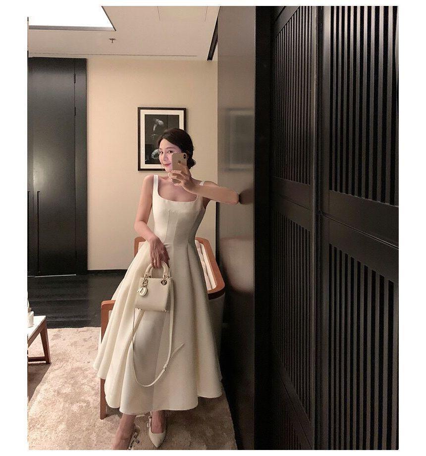 Sleeveless Square Neck Plain Midi A-Line Evening Dress Product Image