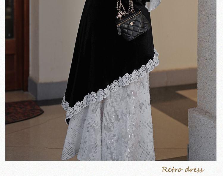 Long Sleeve Mandarin Collar Lace Trim Mock Two Piece Maxi A-Line Dress Product Image