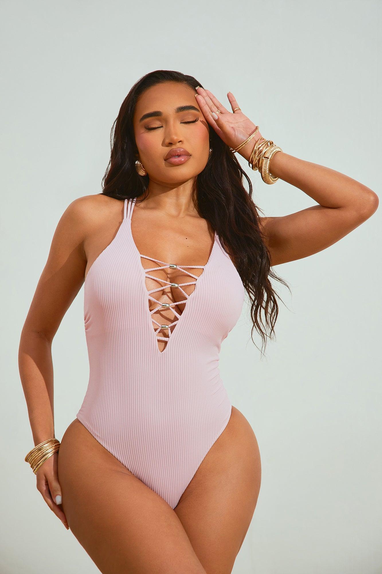 Summer Love Ribbed Lace Up 1 Piece Swimsuit - Pink Product Image