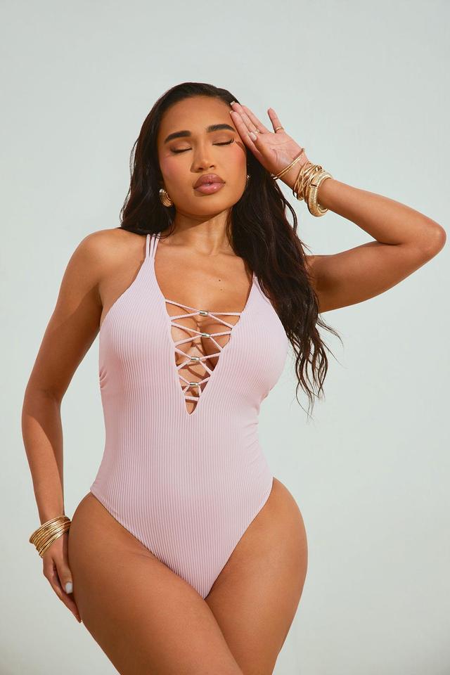 Summer Love Ribbed Lace Up 1 Piece Swimsuit - Pink Product Image