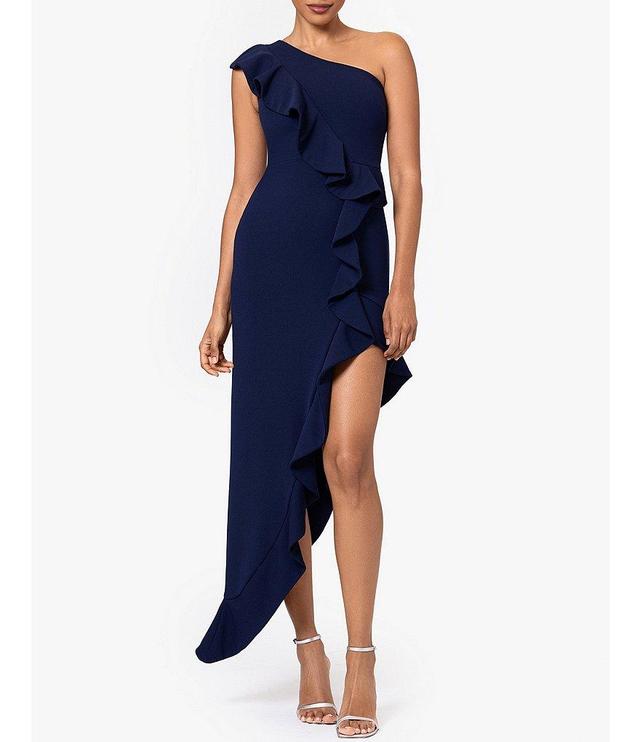 Betsy & Adam Scuba Crepe One Shoulder Sleeveless Ruffle Front Asymmetrical Hem Dress Product Image