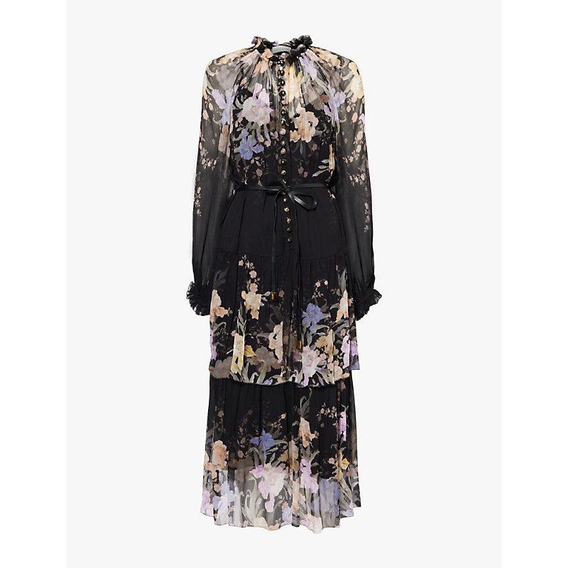 Womens Iris Sherbet Eden Tiered Floral-print Woven Midi Dress In Schwarz Product Image