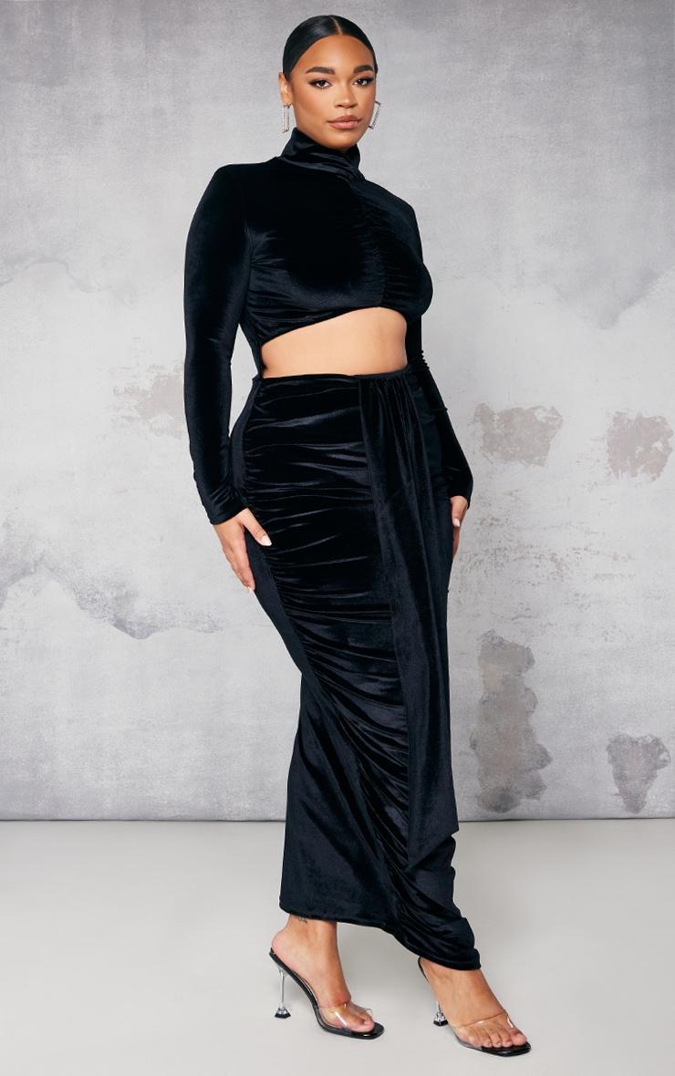 Plus Black Velvet Cut Out Drape Front Maxi Dress Product Image