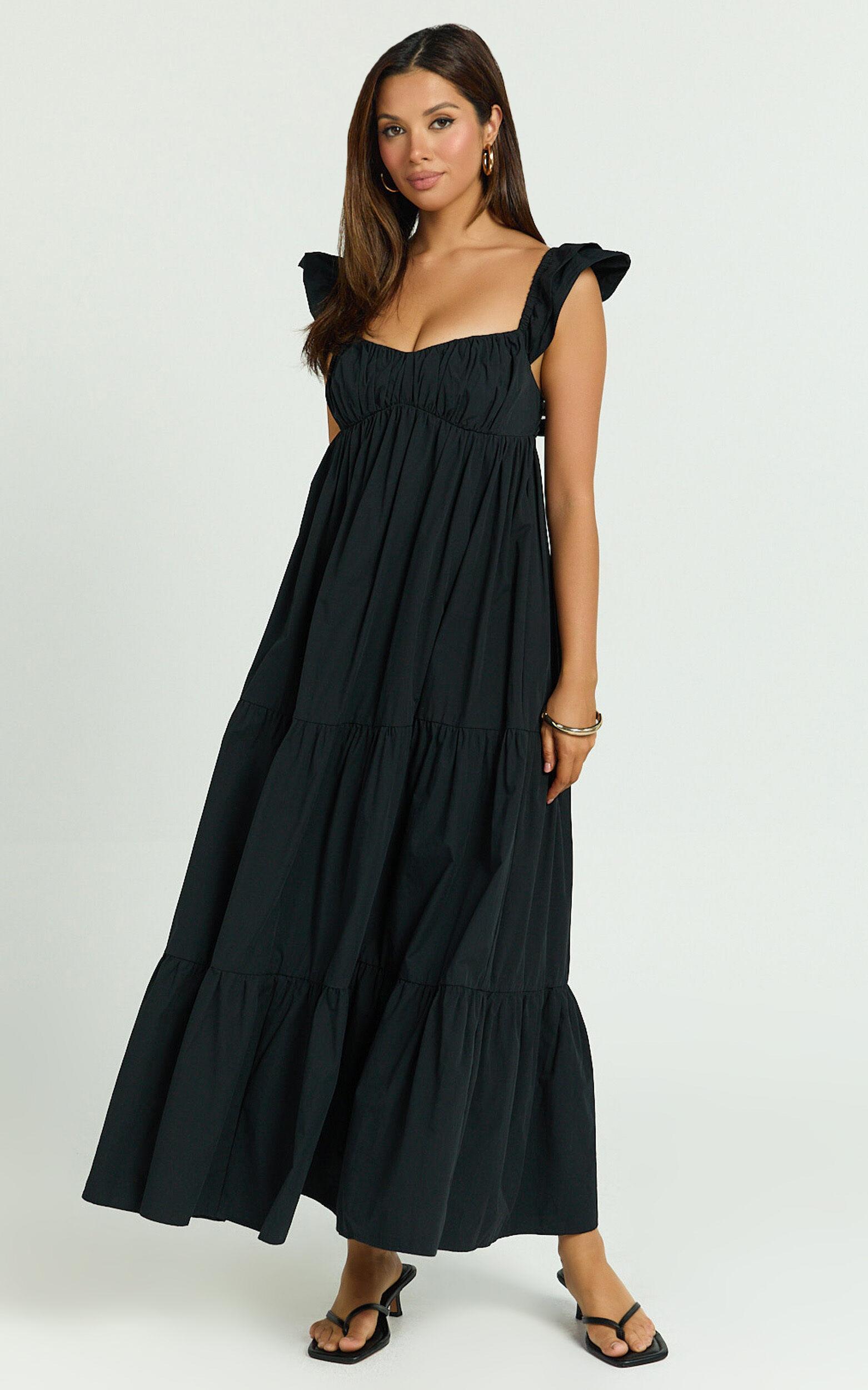 Brienne Midi Dress - Flutter Sleeve Tie Back Dress in Black Product Image