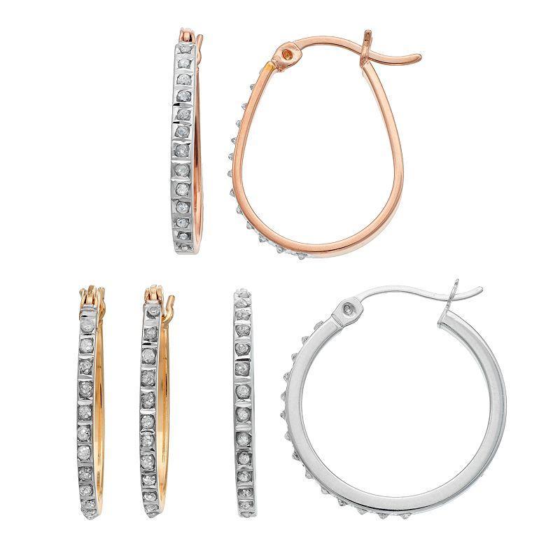 Diamond Mystique Tri-Tone Sterling Silver Hoop Earring Set, Womens Product Image