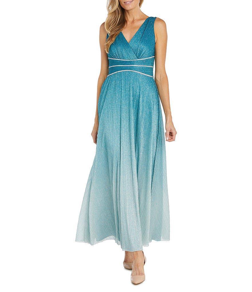 R & M Richards Metallic Knit Sleeveless V-Neck Rhinestone Waist Ombre Crinkle Pleated Gown Product Image