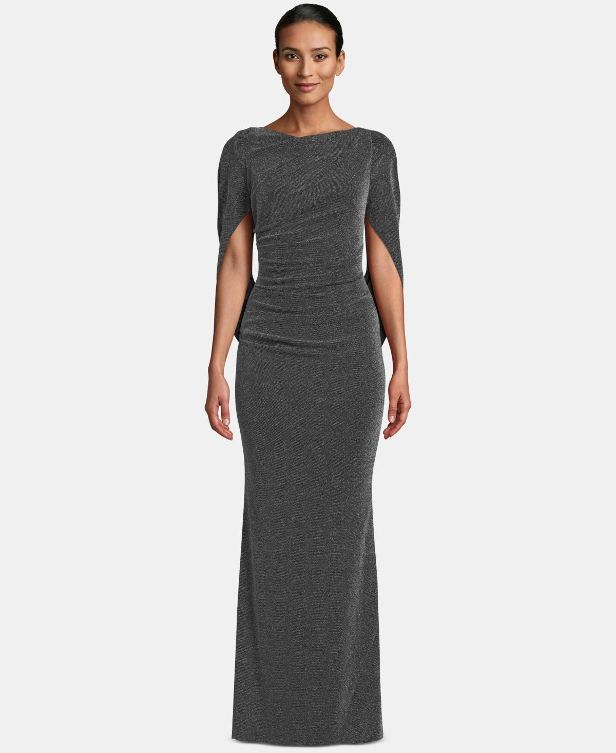 Betsy  Adam Stretch Metallic Boat Neckline Drape Back Gown Product Image