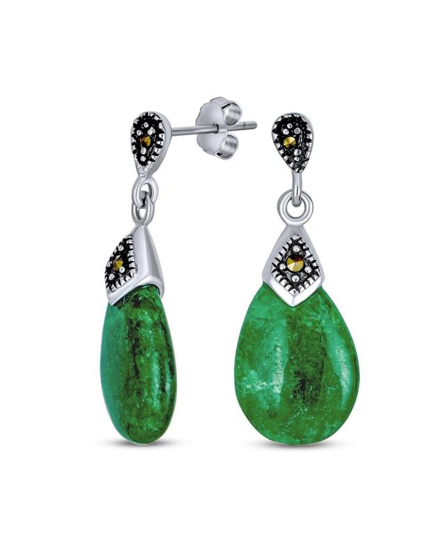 Bling Jewelry Bali Marcasite Accent Pear Shaped Chandelier Dangle Teardrop Green Natural Jade Drop Earrings For Women Two Tone Oxidized Sterling Silve Product Image