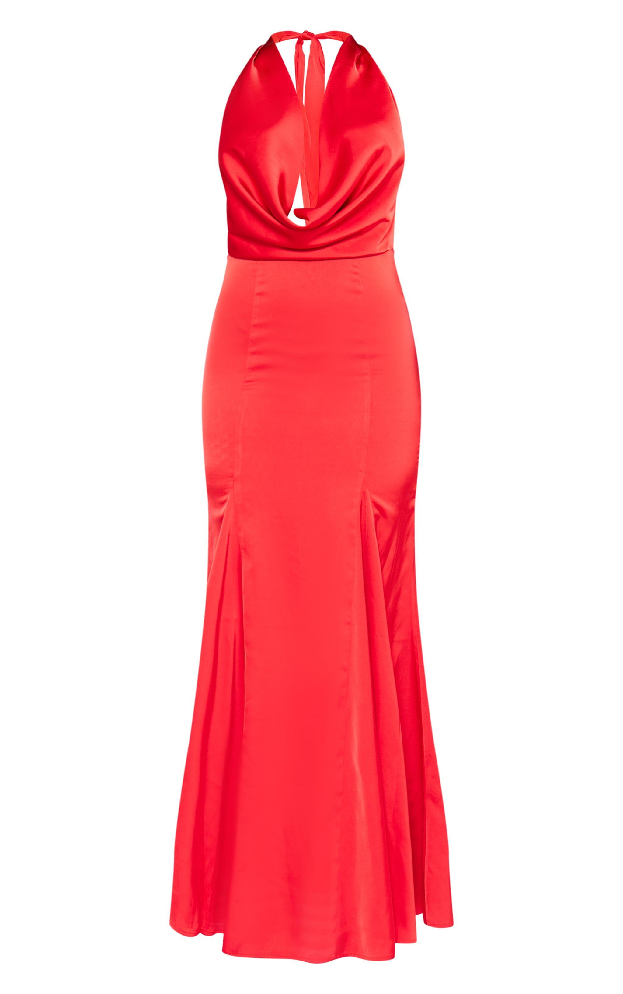 Red Satin Extreme Cowl Neck Maxi Dress Product Image