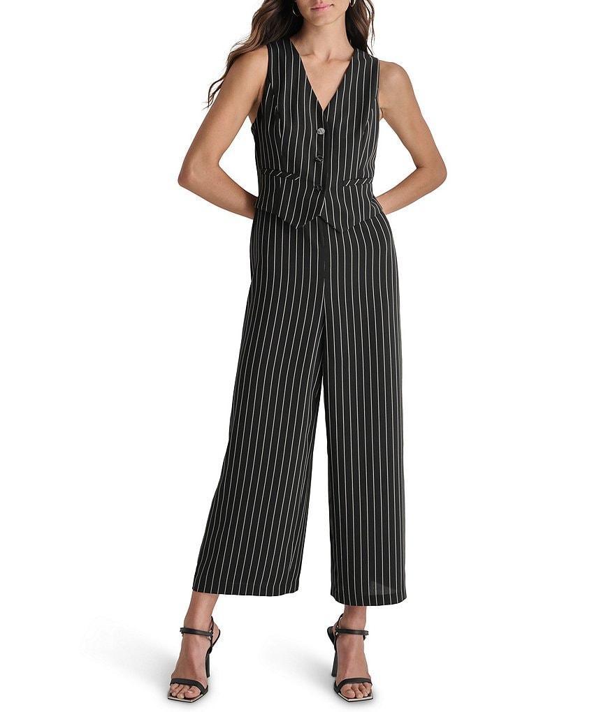 DKNY by Donna Karan Woven Two Piece Mock Vest V Neck Sleeveless Vertical Stripe Button Front Jumpsuit Product Image