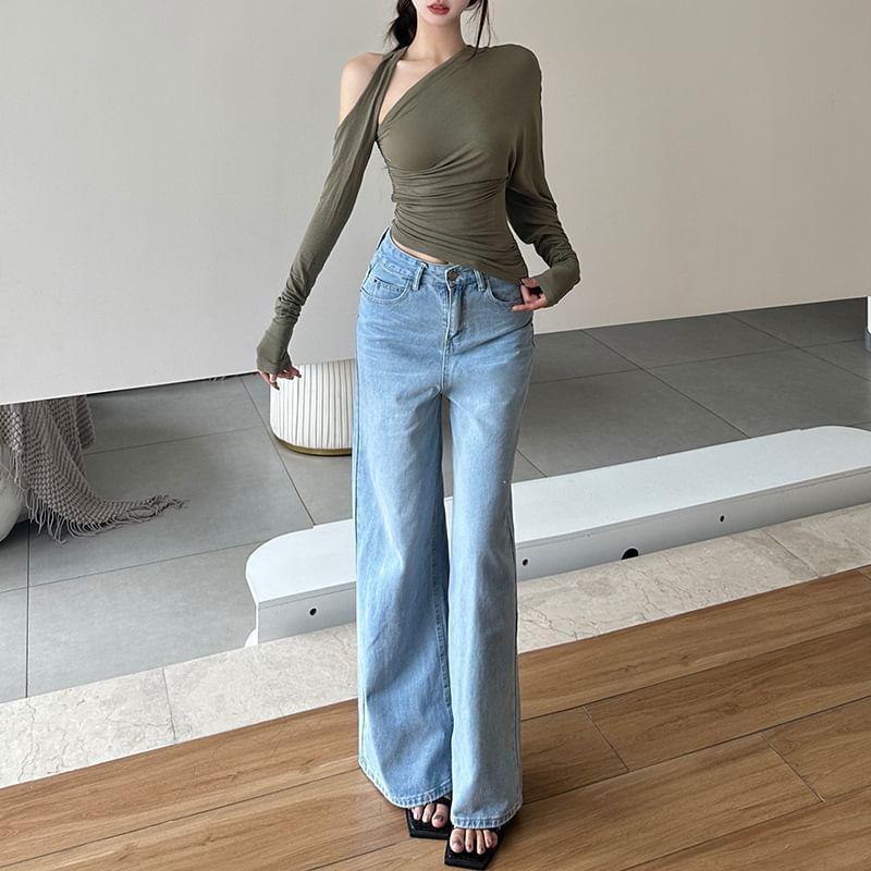 Long-Sleeve One-Shoulder Plain Ruched Asymmetrical Tee Product Image