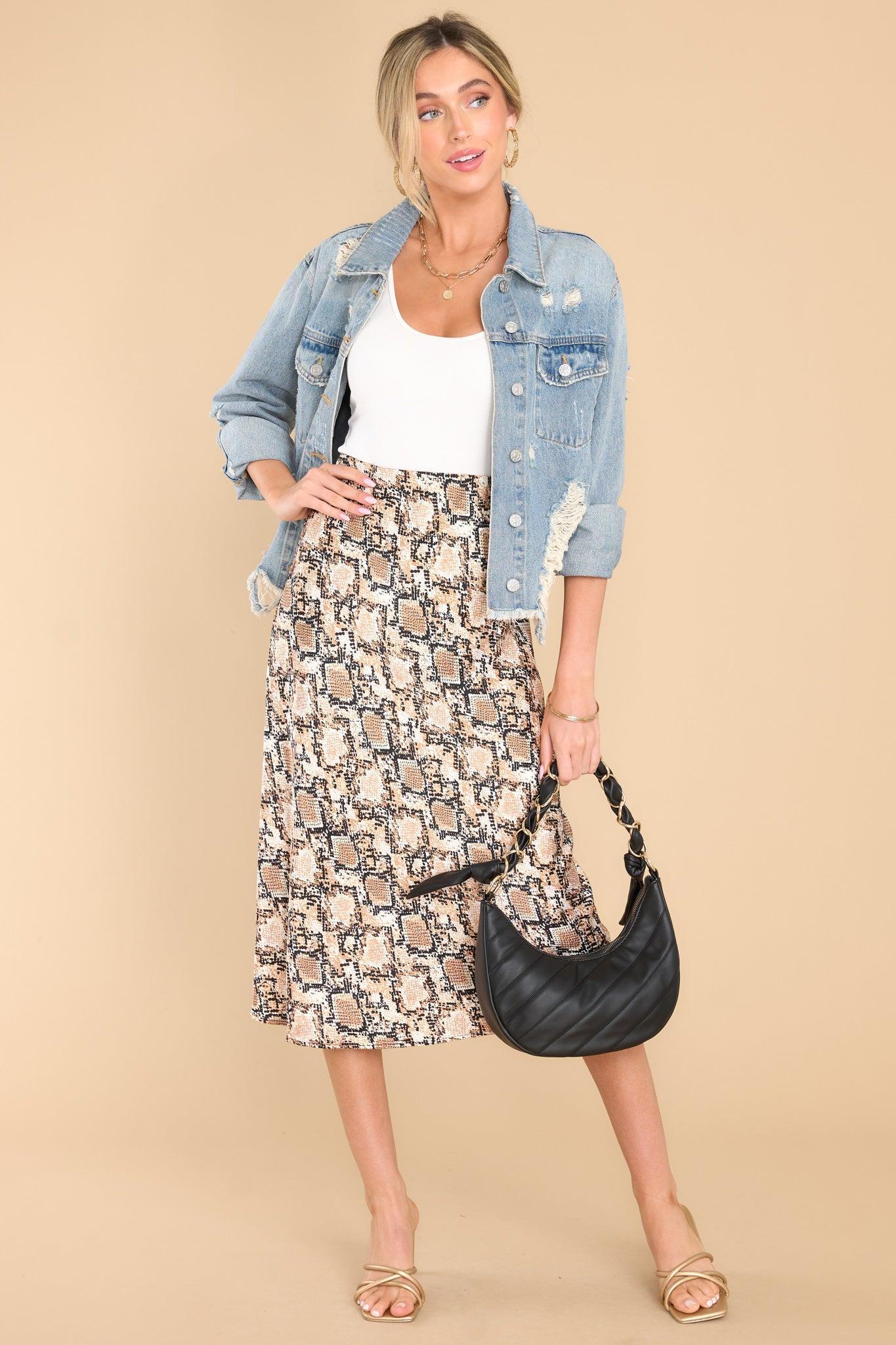 Sneaking Around Snake Print Midi Skirt Taupe Product Image