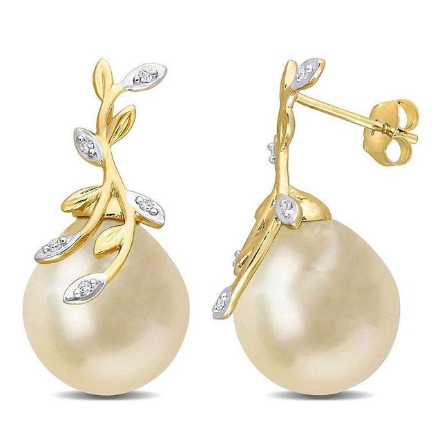 Stella Grace 14k Gold South Sea Cultured Pearl & Diamond Accent Leaf Earrings, Womens Product Image