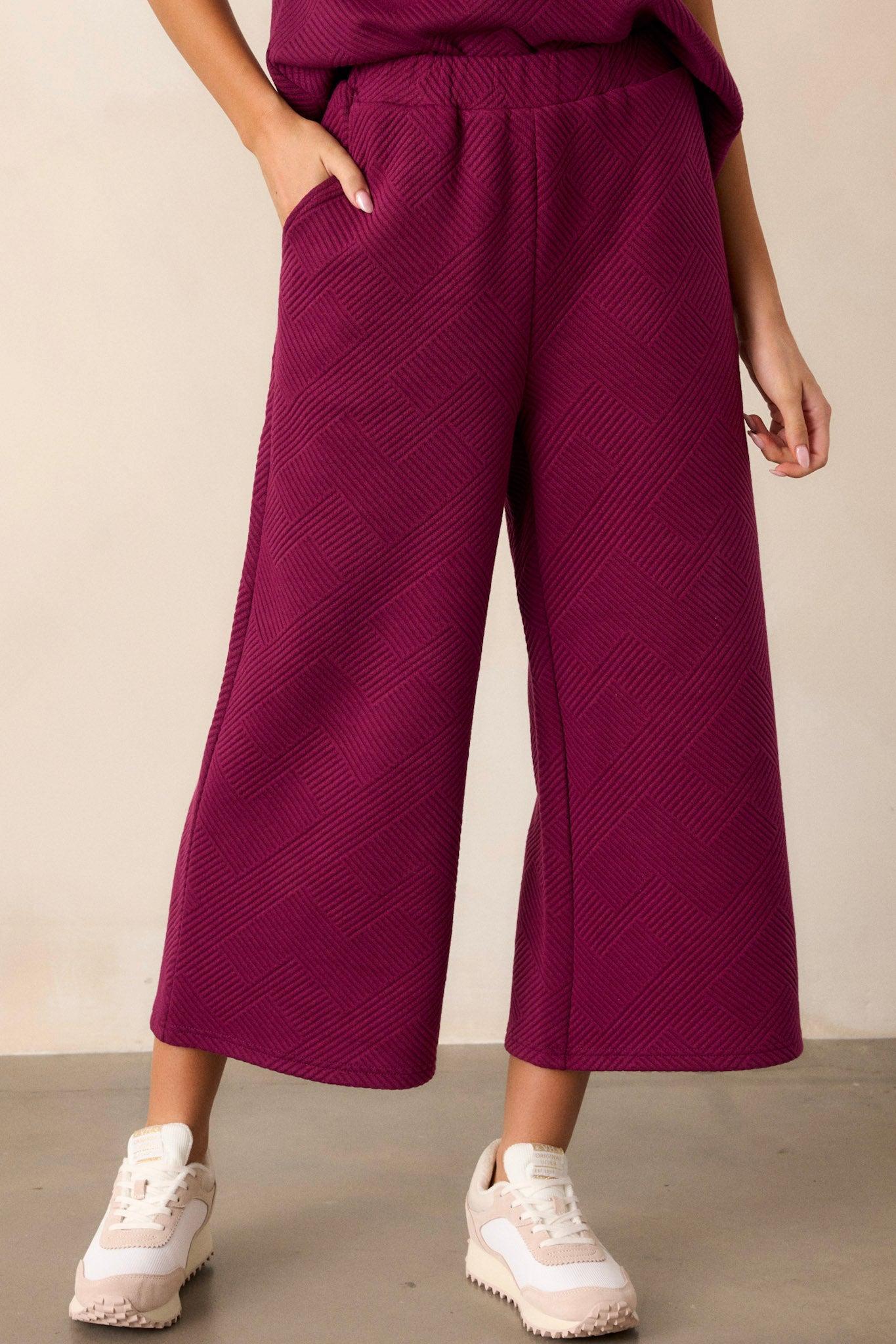 Tell Me Dark Sangria Cropped Textured Pants Product Image