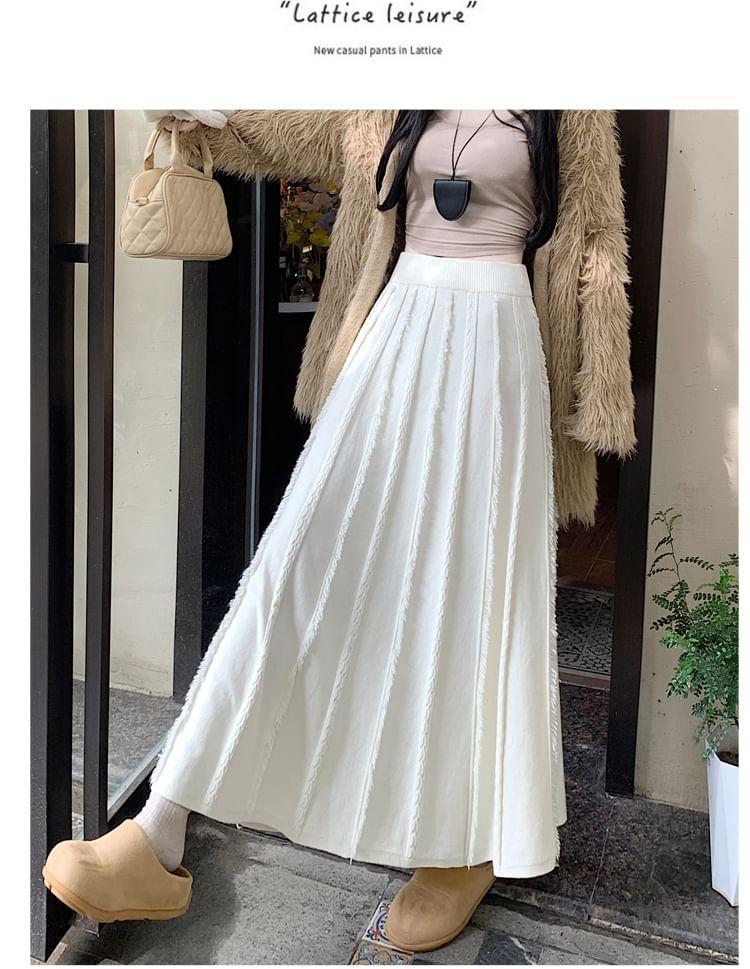 High Waist Plain Fringed Midi A-Line Knit Skirt Product Image