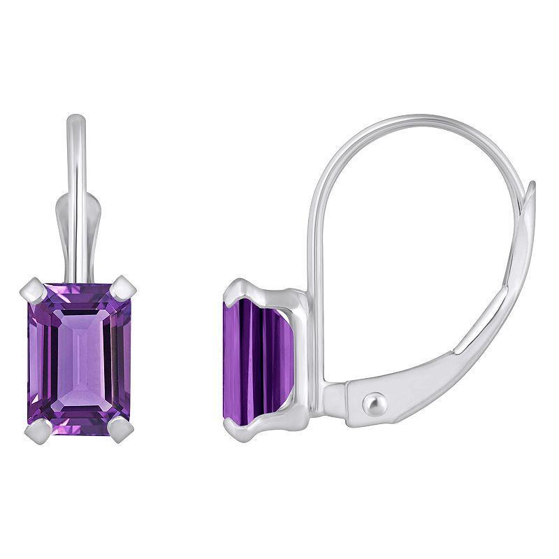 Celebration Gems 10k Gold Emerald Cut Lab-Created Sapphire Leverback Earrings, Womens, 10k Whgold Product Image