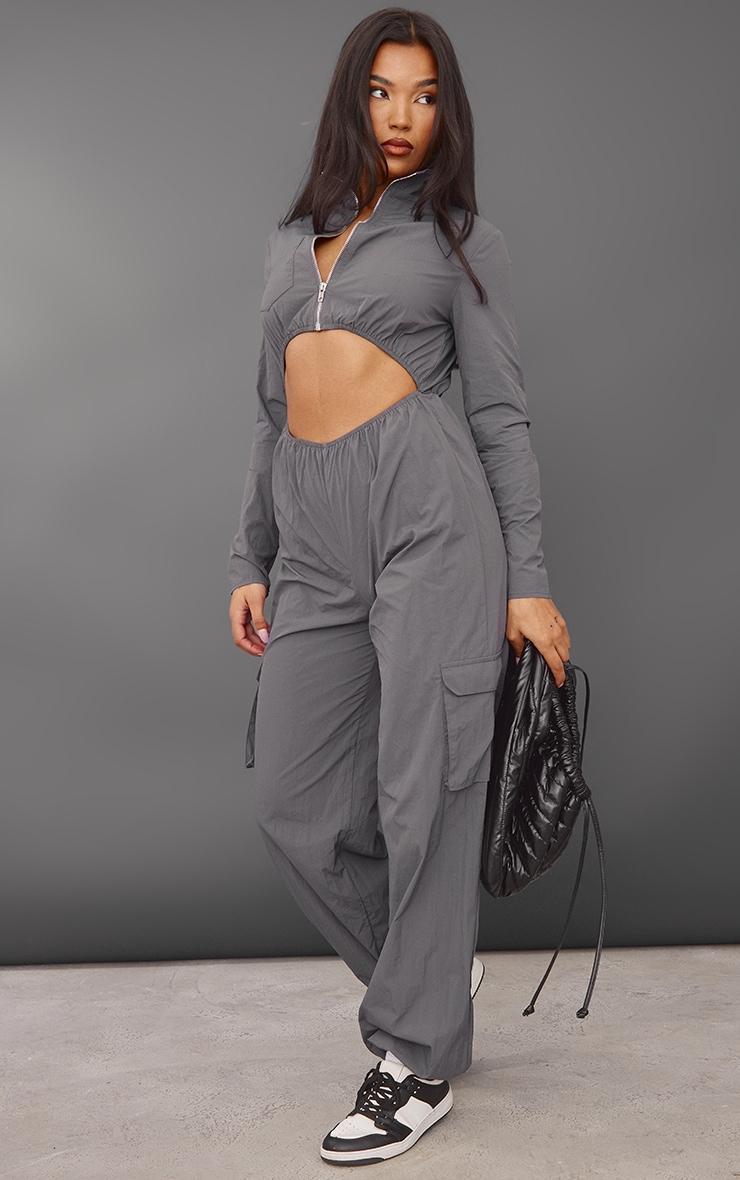 Charcoal Zip Detail Cut Out Utility Parachute Jumpsuit Product Image