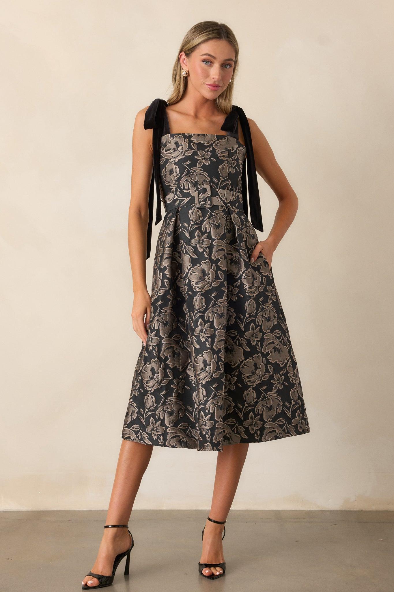 Sweet Disposition Black Floral Jacquard Midi Dress Product Image