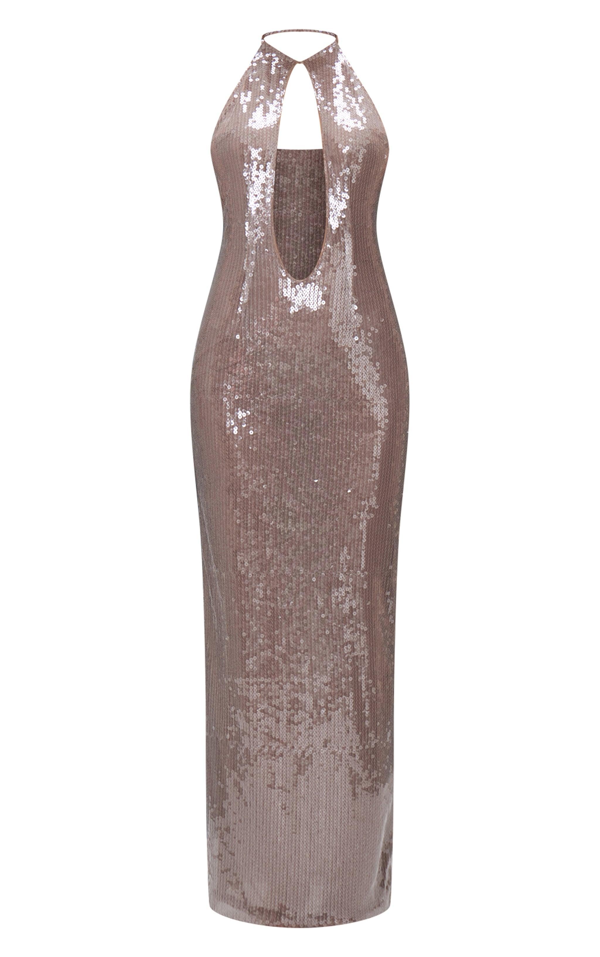 Light Nude Sequin High Neck Plunge Maxi Dress Product Image