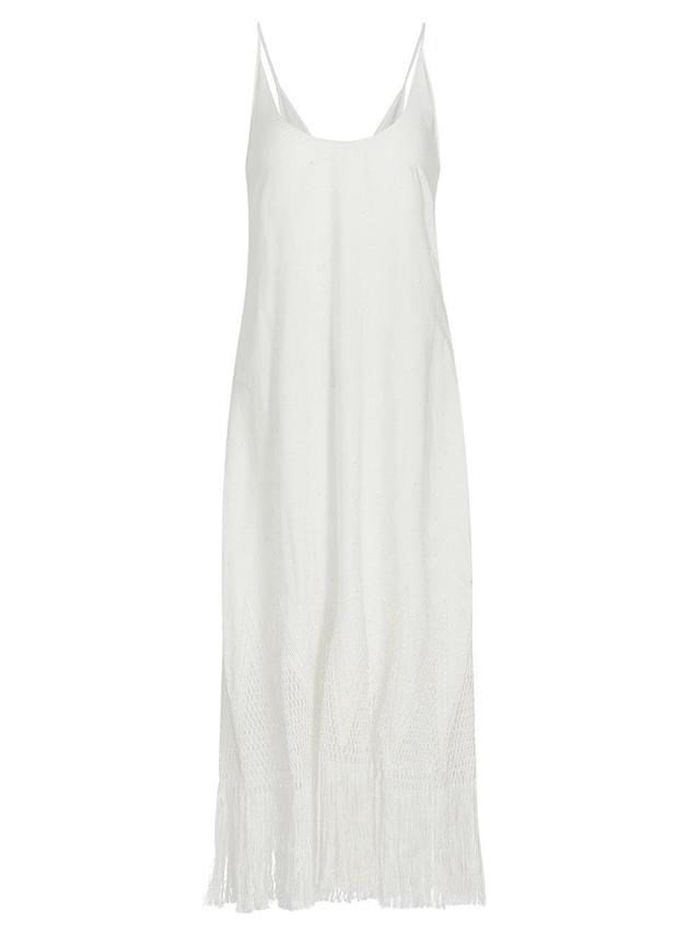 Womens Embroidered Fringe-Trimmed Midi-Dress Product Image