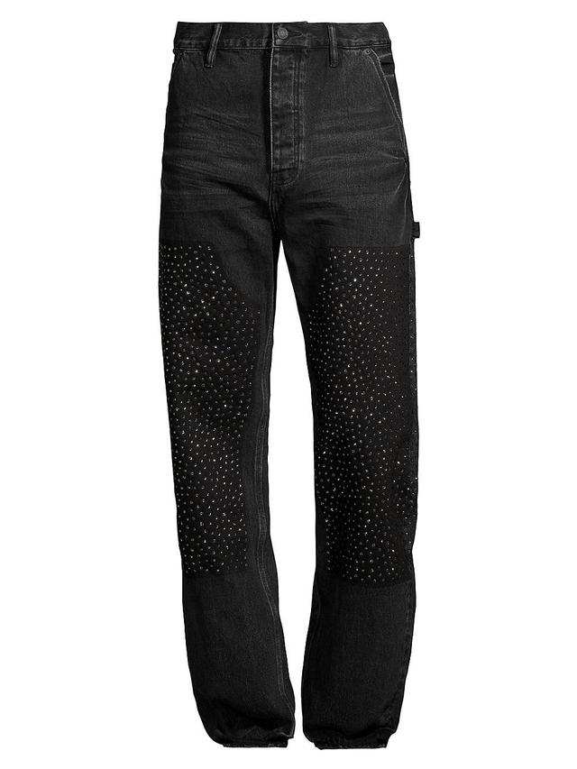 Mens Crystal-Embellished Denim Relaxed-Fit Carpenter Pants Product Image