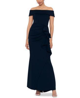 XSCAPE Long Scuba Off-the-Shoulder Side Ruffle (Midnight) Women's Dress Product Image