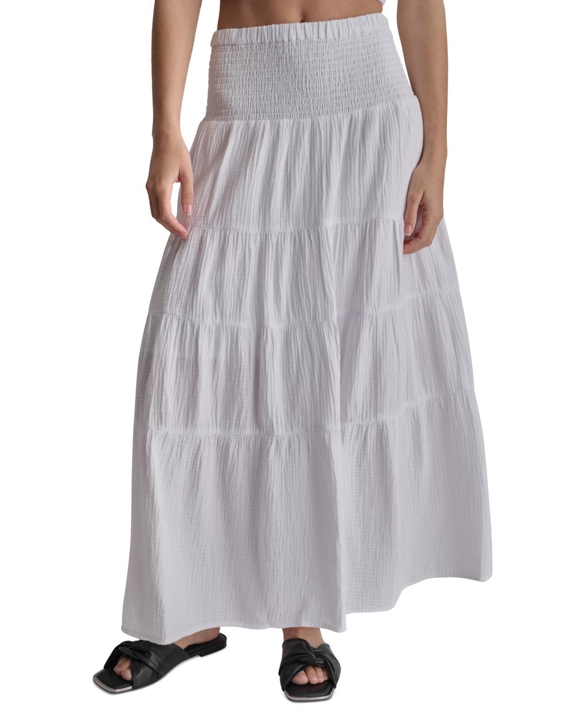 Dkny Jeans Womens Cotton Smocked-Waist Tiered Maxi Skirt Product Image