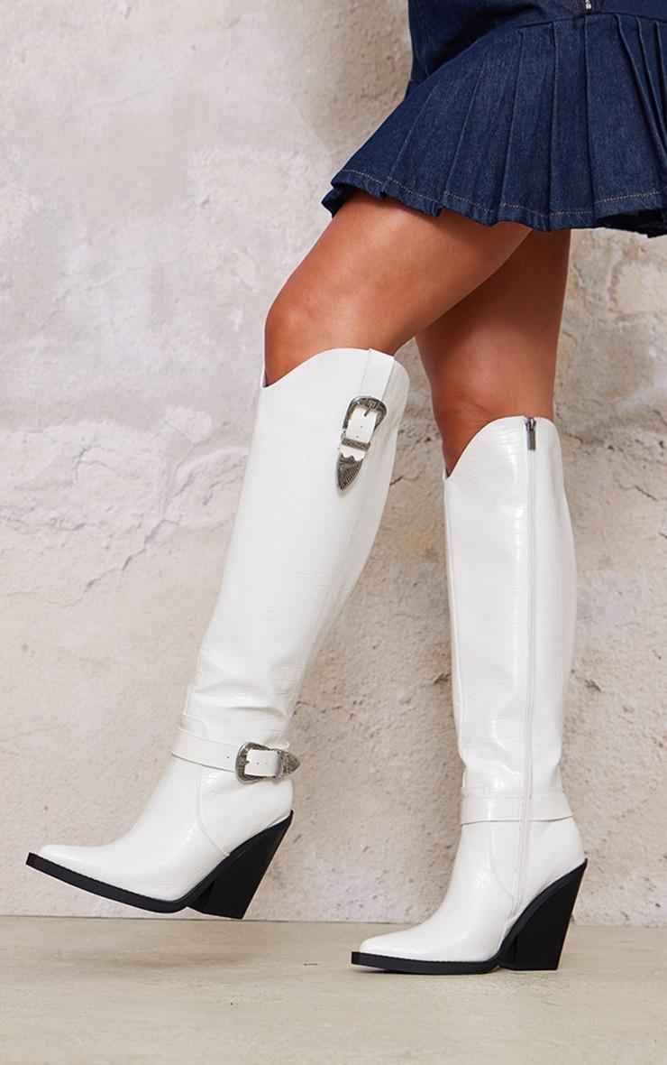 White Croc PU Point Toe High Block Heel Knee High Western Boots product image