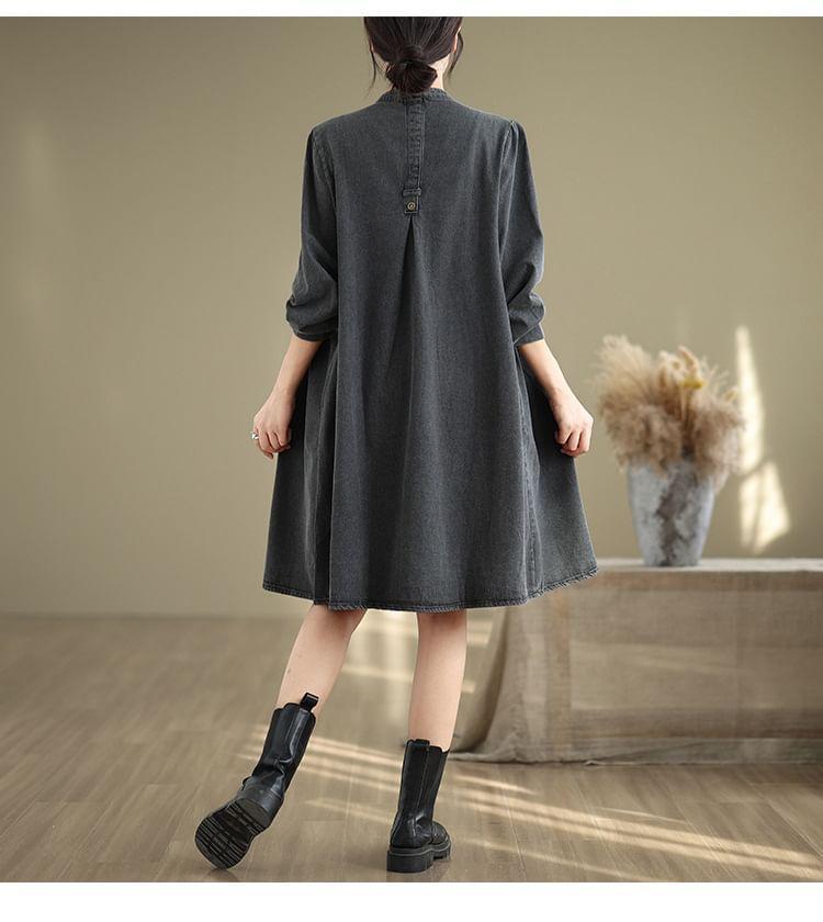 Long Sleeve Stand Collar Loose Denim Shirt Dress Product Image