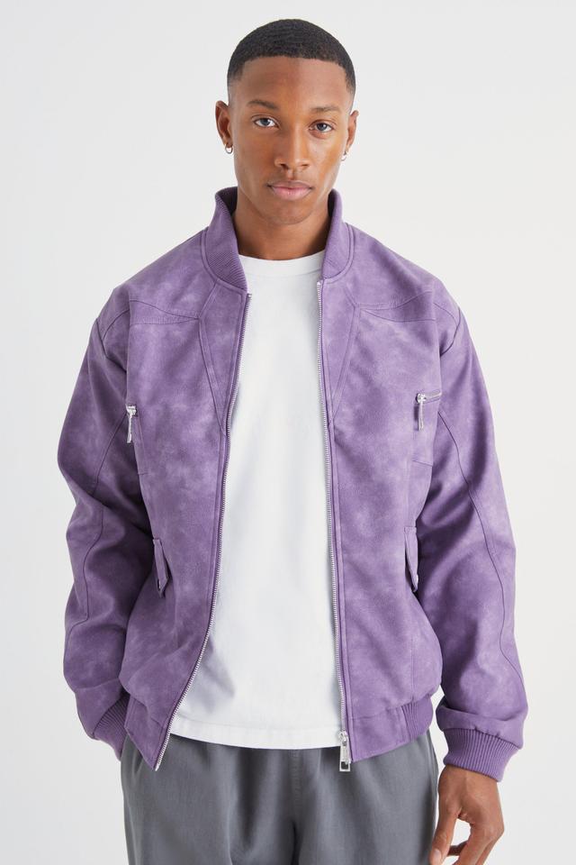 Washed Pu Panel Detail Bomber | boohooMAN USA Product Image