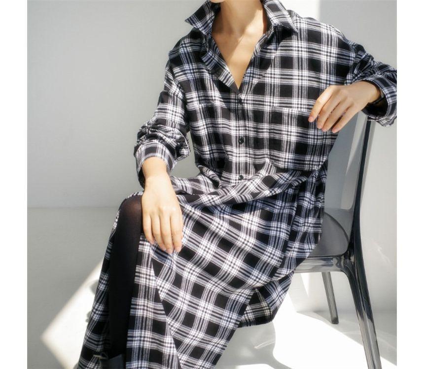 Long-Sleeve Plaid Maxi Shirt Dress Product Image