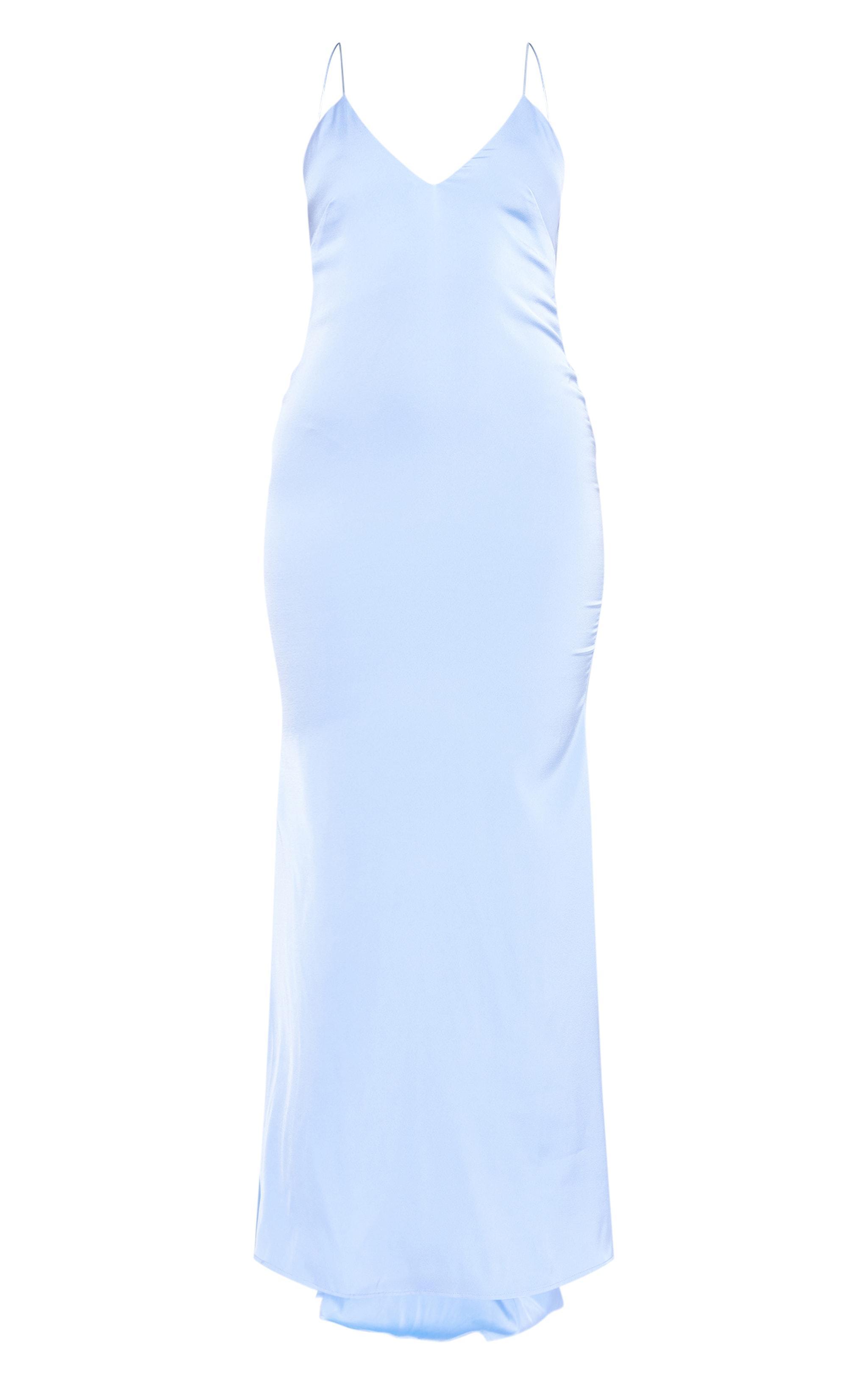 Light Blue Satin V Neck Maxi Dress Product Image