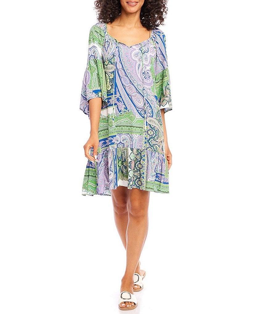 Karen Kane Paisley Print Scoop Neck 3/4 Bell Sleeve Ruffle Hem A-Line Dress product image