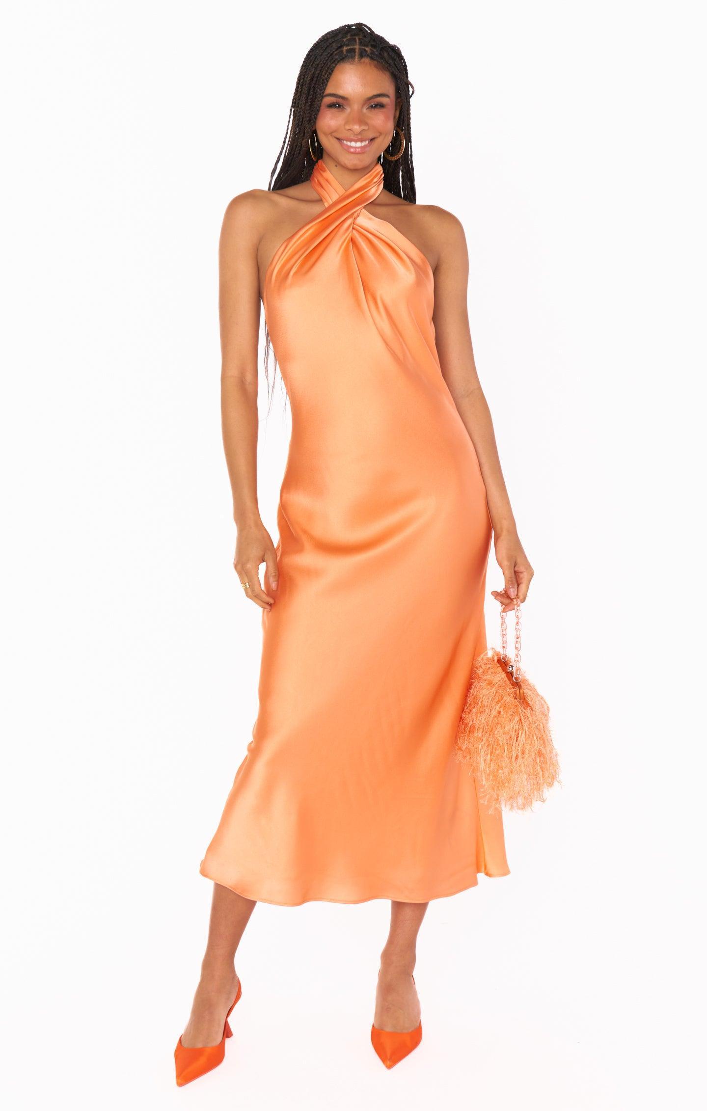 Jasmine Halter Midi Dress ~ Cantaloupe Luxe Satin Product Image