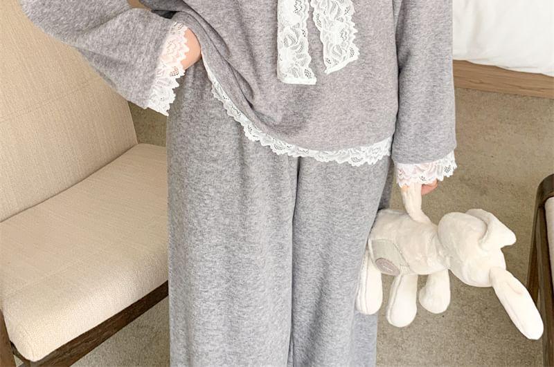 Pajama Set: Long-Sleeve V-Neck Plain Lace Trim T-Shirt + Pants Product Image