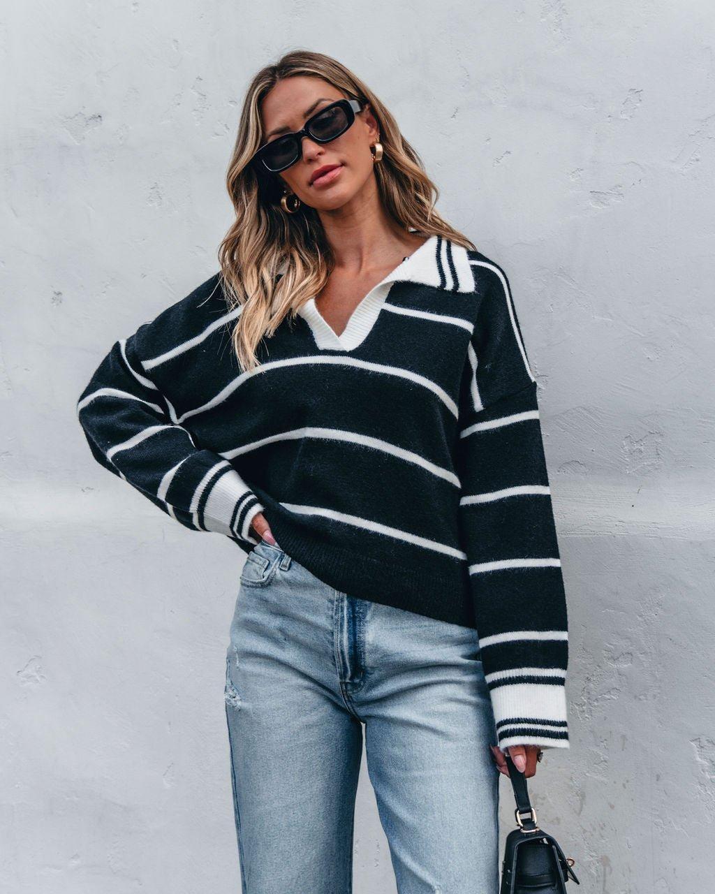 Black and White Stripe Collared Sweater - FINAL SALE Product Image