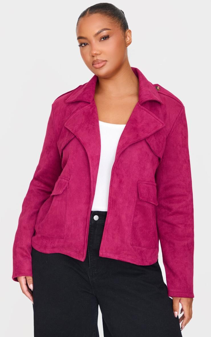 Plus Burgundy Pocket Detail Faux Suede Cropped Trench Coat product image