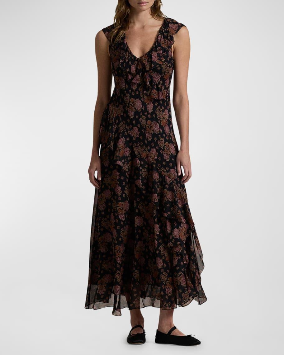 Floral Ruffle-Trim Georgette Maxi Dress Product Image