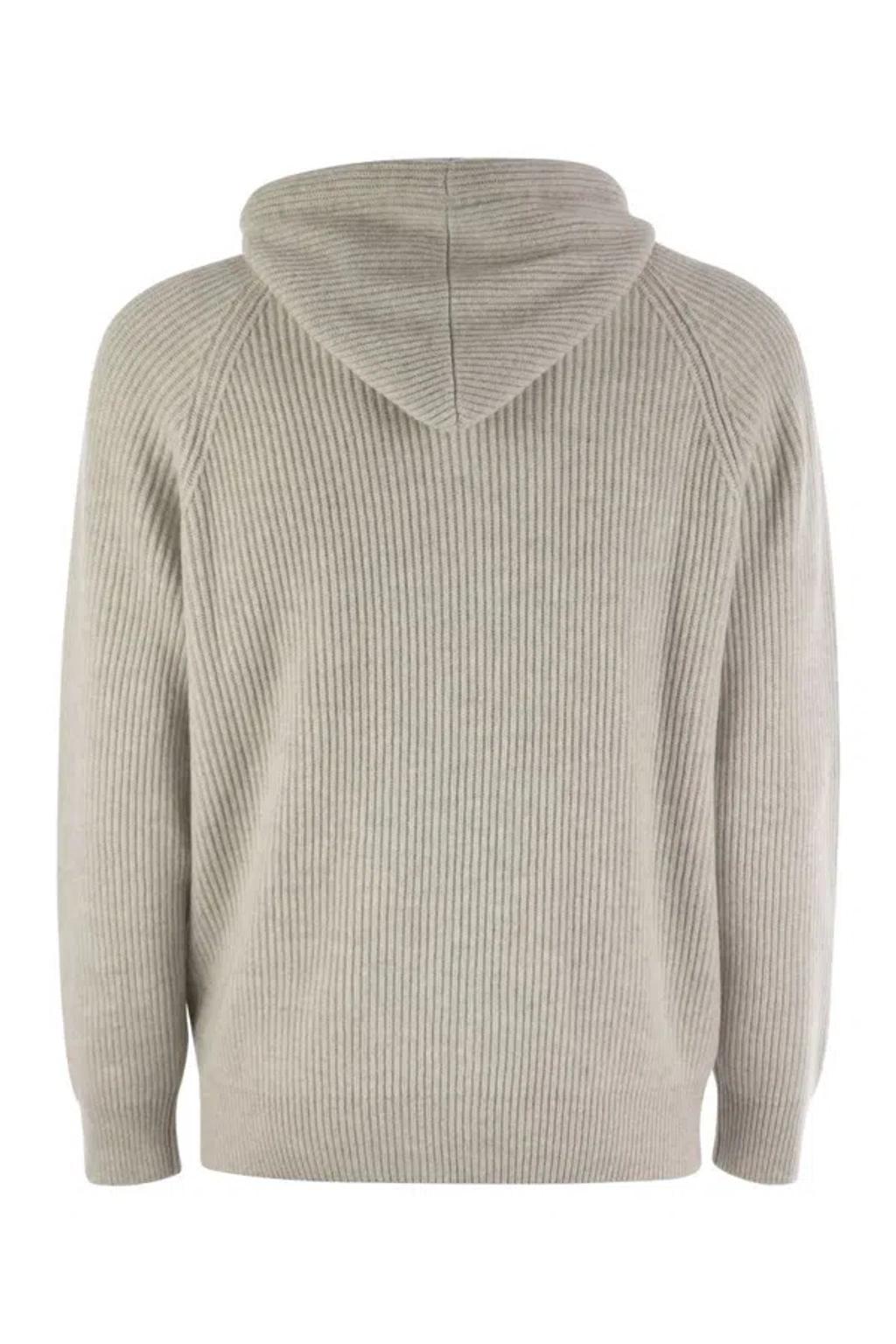 BRUNELLO CUCINELLI English Rib Cashmere Knit Hooded Topwear In Gray Product Image